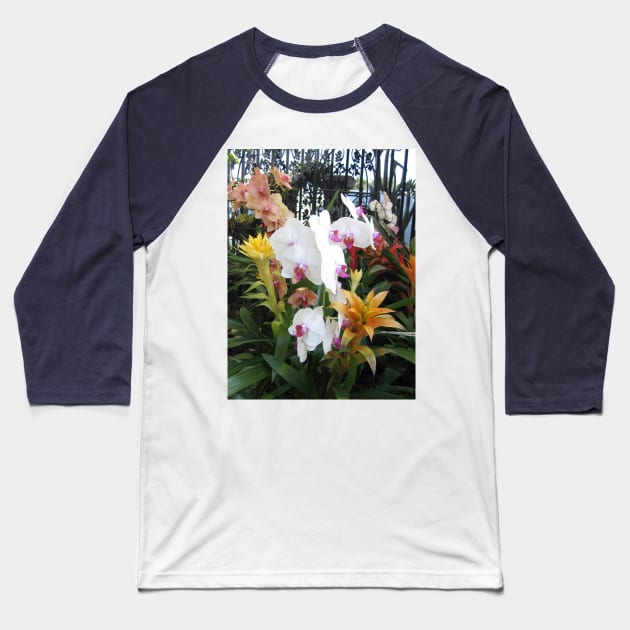 Colorful Orchids in Front of Wrought Iron Gate Baseball T-Shirt by KarenZukArt